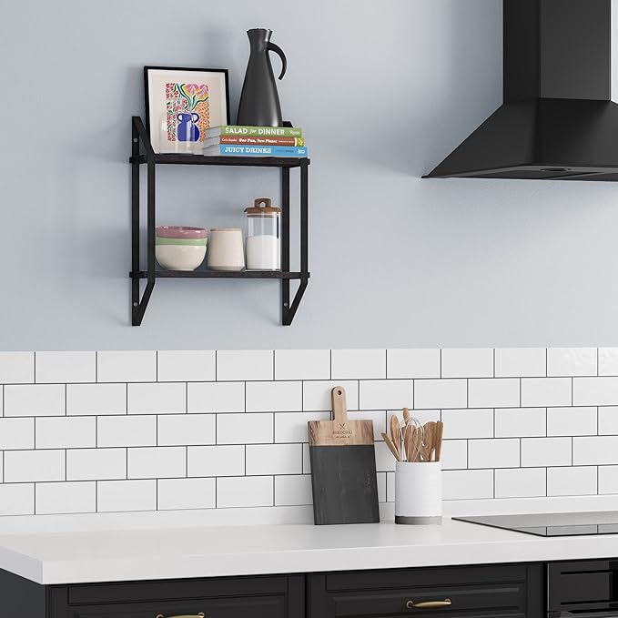 Wallniture Ponza Floating Shelves for Wall, Bathroom Organizer, 2 Tier Bookshelf Living Room, Kitchen Organization Black Wall Shelves for Office Decor