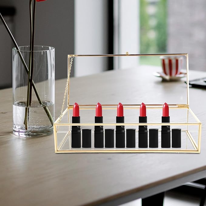 KESYOO European Style Luxury Metal Frame Lidded Glass Jewelry Box 23x10x5.5cm Organizer Case for Desktop Storage and Perfume Makeup Holder