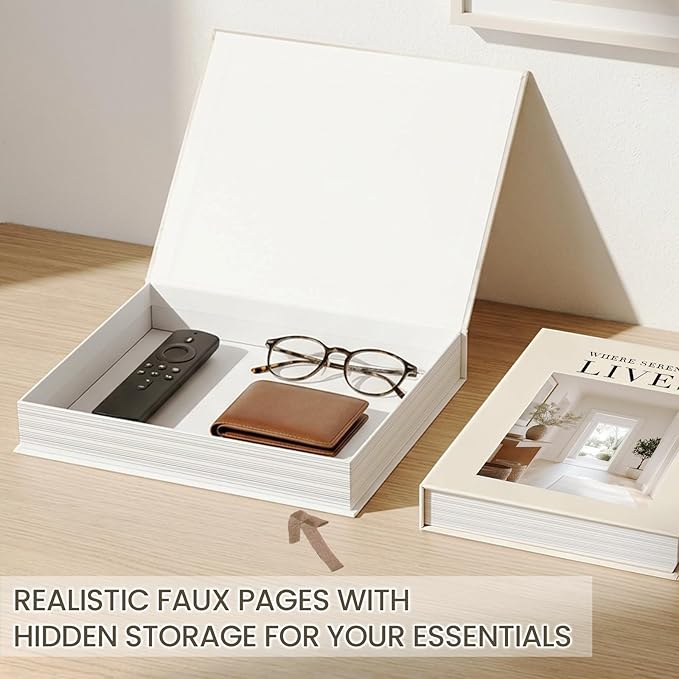Decorative Books for Neutral Home - Fake Books Storage Box for Decoration - Set of 2 Coffee Table Book - Photo Storage Keepsake Box for Room Bookshelf Decor, Beige