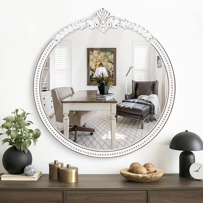 Farmhouse Round Wood Mirror - 30x30 Inches Antique White Baroque Wall Mirror, Ornate Beaded Decorative Mirror for Mantel, Living Room