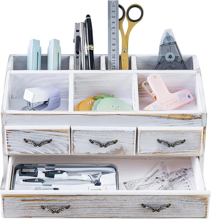 MyGift 7-Compartment Shabby Whitewashed Solid Wood Jewelry/Cosmetics Vanity Organizer Rack with 4 Vintage Storage Drawers