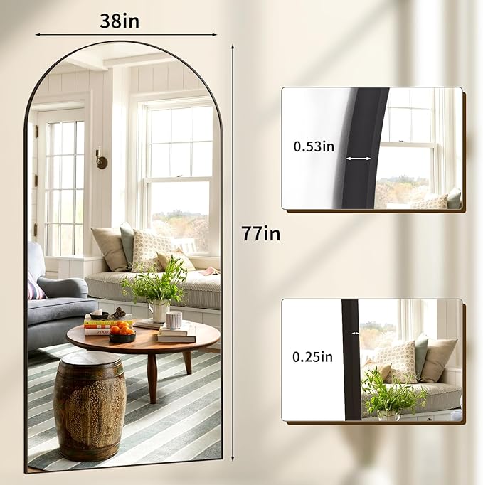 XRAMFY 78"x38" Arched Full Length Mirror Floor Mirrors with Aluminum Alloy Frame Free-Standing Wall Mounted Floor Mirrors or Large Dressing Mirror, Black Mirror Full Length