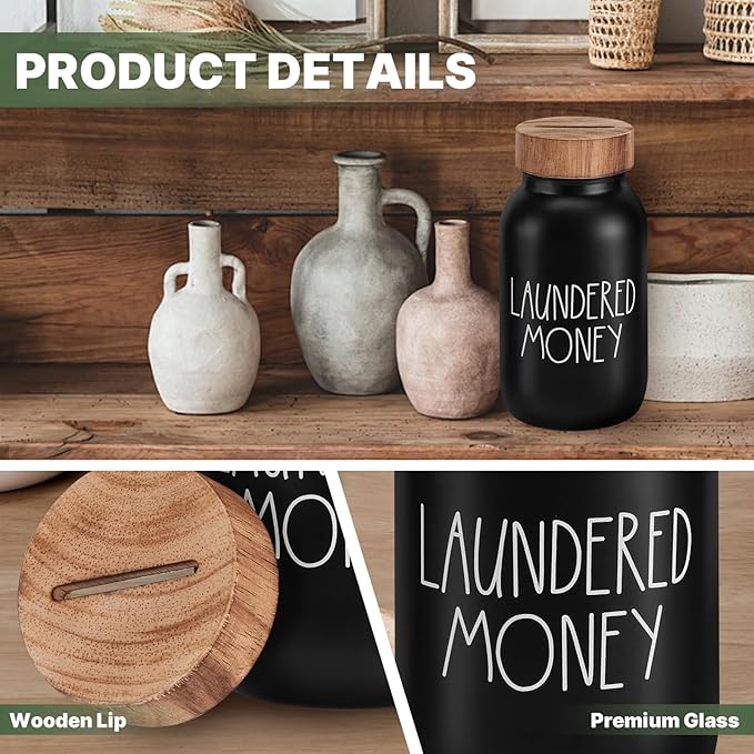 Laundry Room Decor & Organization - Premium Matte Black Glass Coin Bank with Wood Lid - Rustic Farmhouse Money Jar for Loose Change - Funny Laundered Money Tip Jar & Shelf Accessories