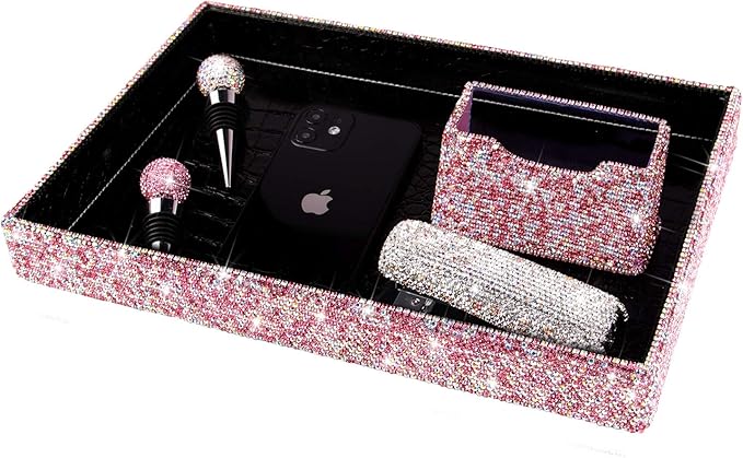 Jewelry or Makeup Storage Box Organizer Display Storage Case Desk for Dresser, Bathroom, Bedroom, and Makeup Perfume,Magnificent Handmade Serving Tray, Handicraft with Glittery Crystal(Pink)