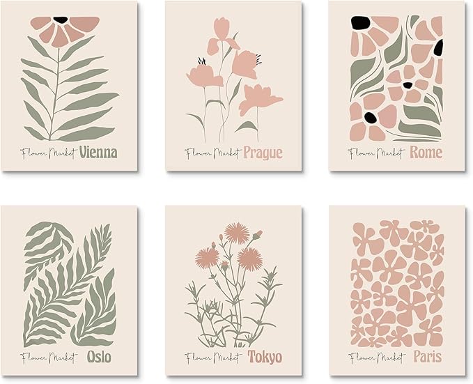 Habseligkeit Retro Flower Wall Art Prints, Vintage Boho Wall Decors for Women's Room Aesthtic, Abstract Posters for Girls Bedroom Decor Aesthetic Unframed, 8X10in, Set of 6