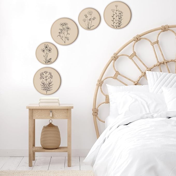 Qunclay 5 Pcs Wall Art Decor Wooden Living Room Wall Decor Bohemian Hanging Farmhouse Geometric 10'' and 8'' Aesthetic Wood Minimalist Posters for Bedroom(Floral)