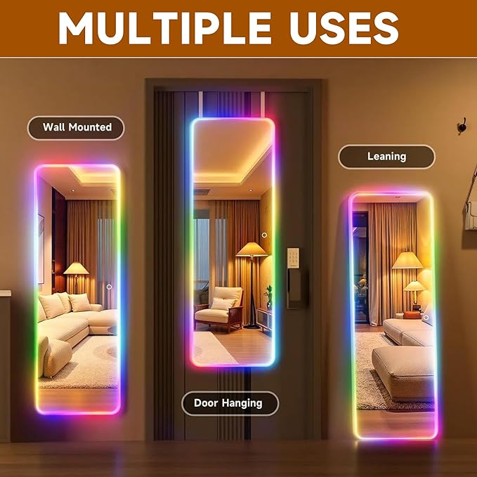 Hasipu 51"x17.7" LED RGB Door Mirror Full Length, Full Body Full Length Over The Door Mirror with Lights, Door Hanging & Wall Mounted Mirror for Bedroom, Living Room, Cloakroom