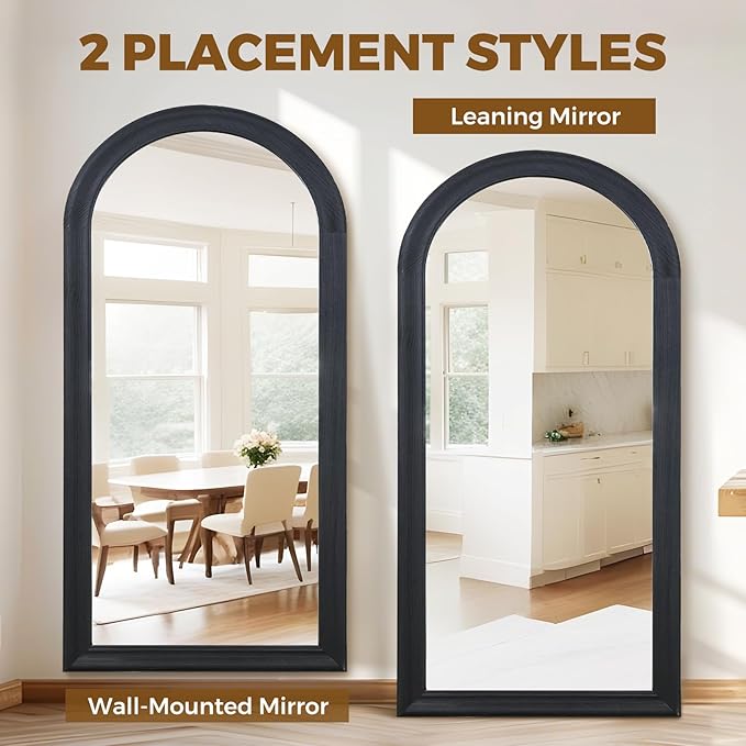 Arched Full Length Mirror 71"x32" - Rustic Black Solid Wood Wall Mirror, Oversized Leaning or Mounted Design for Bedroom, Entryway, Living Room Décor