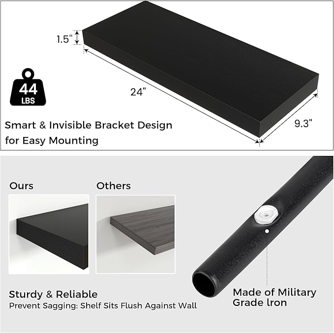 Venusmiles Floating Shelves for Wall, Engineered Wood Wall Shelves with Invisible Brackets for Living Room Bedroom Bathroom Office Kitchen Decor and Storage (Black, 24" W x 9" D x 1.5" H) Set of 2