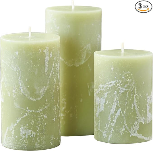 Green Scented Pillar Candles Set of 3, 3x4, 3x5, 3x6 Green Candles, Sage Pilar Scented Candle, Ideal as Wedding, Parties, Spa, Dinner, Home Decor, Church