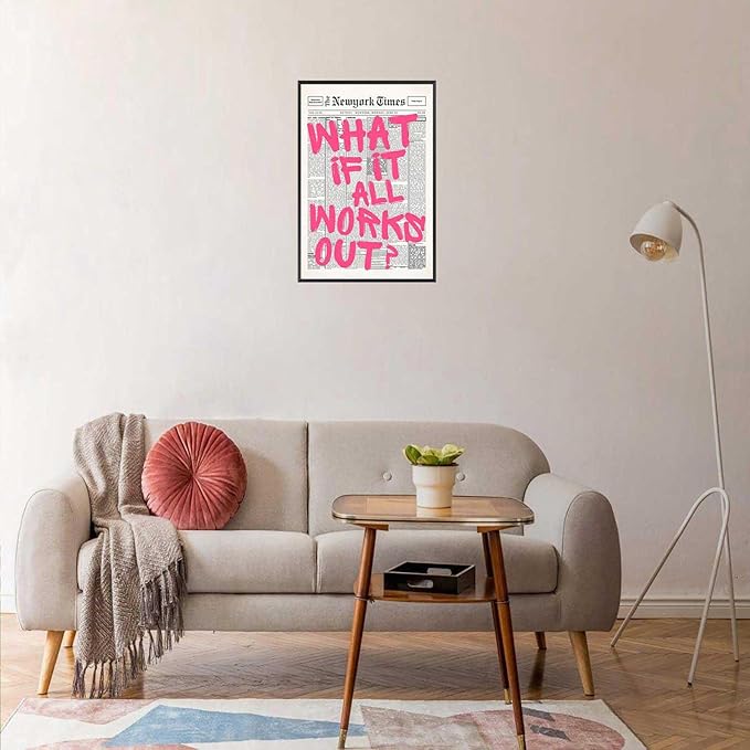 Drimiler Retro Newspaper Pink Font Poster What If It All Works Out Canvas Wall Art Positive Affirming Quote Minimalist Prints Painting For Home Bedroom Dorm Wall Decor 8x12in Framed