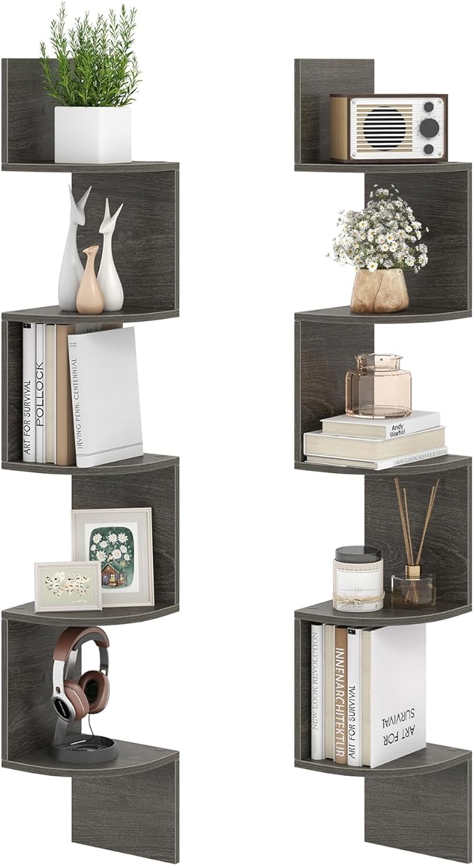 Giantex Corner Shelf Wall Mounted Set of 2, 5-Tier Floating Corner Bookshelf, Home Storage Organizer, Wooden Display Stand Rack for Wall, Plant Shelf for Living Room, Bedroom, Kitchen, Oak