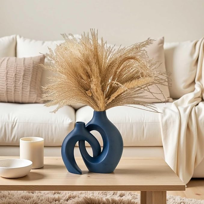 Lvases Snuggle Hollow Ceramic Vase Set of 2, Nordic Modern Boho ins Style Ceramic Aesthetic Flower Vases for Home Decor Living Room Coffee Table Decorative (Matte Navy Blue W 6.3" X H 8.4")