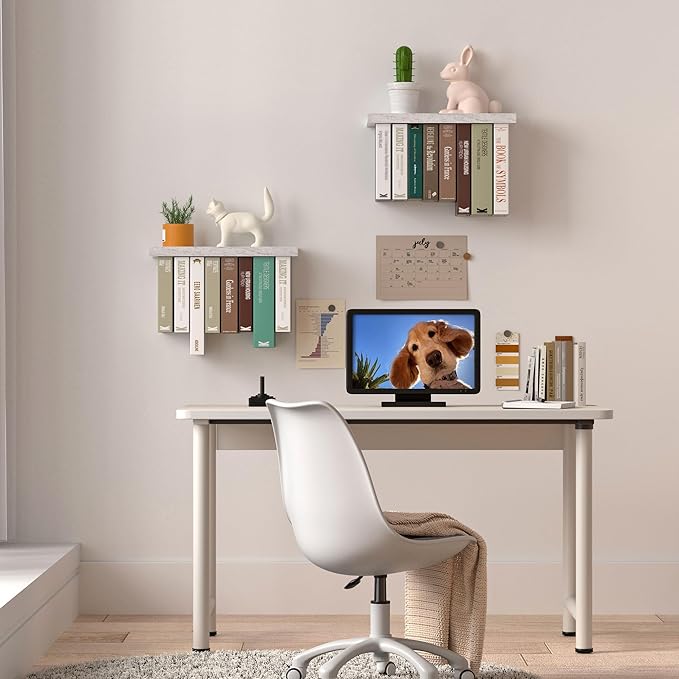 Tohiasen Floating Book Shelves for Wall Mounted Set of 2, Wood Hanging Bookshelf, Book Display Shelf for Wall, Unique Space Saving Book Shelf Wall Book Holder (White)