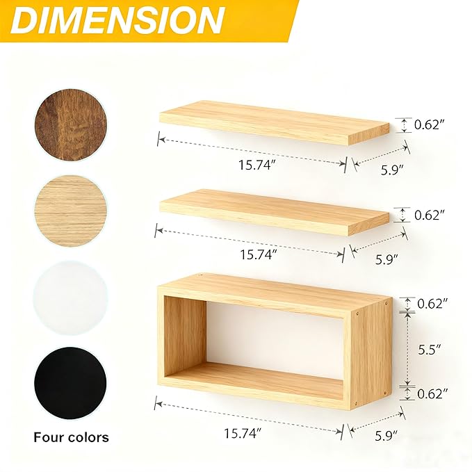 Wall Mounted Floating Shelf, c Long for Bedroom Living Room Kitchen Staircase Bathroom Above Toilet Wall Decoration Book Storage Room Recoration (3piece Set) Natural Wood Color