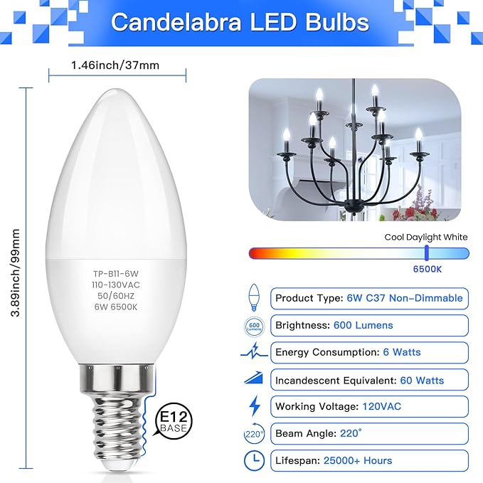 MAXvolador LED E12 Candelabra Light Bulbs 60W Equivalent, 6W B11 Candle Base, 600 Lumen Chandelier Bulb, Cool Daylight White 6500K, Non-Dimmable, Pack of 6