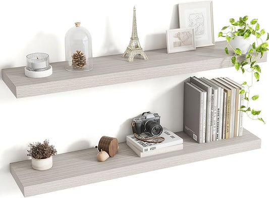 Acovy 36 Inch Floating Shelves, 8 Inch Deep Floating Shelves for Wall, Hanging Shelf with Invisible Brackets, Deep Shelves for Bathroom, Bedroom, Living Room, Grey, Set of 2