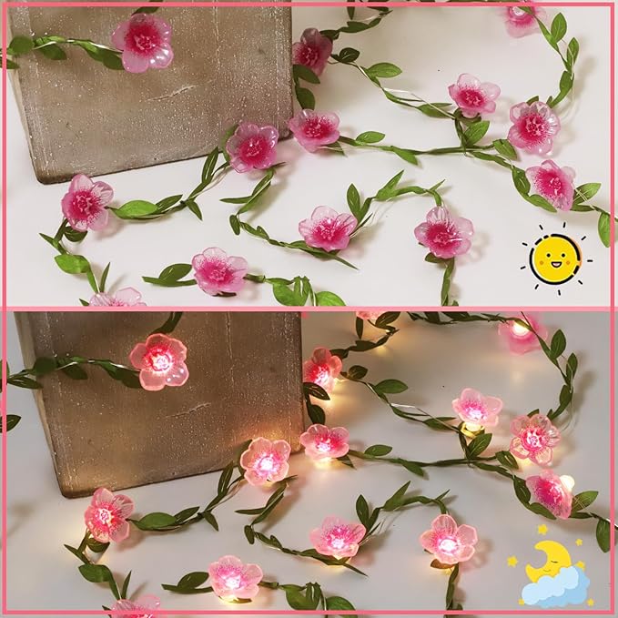 Cherry Blossom Decor Flower String Lights Vines with Fairy Lights Christmas, 30 LED Copper with Remote Control Battery Operated Pink Flower Garland Leaf for Locker,Bedroom, Wall,Christmas Decorations