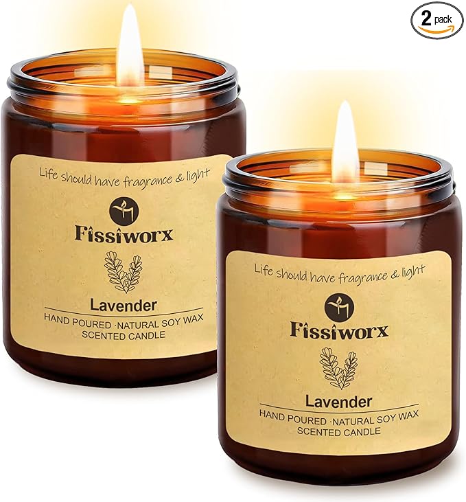 Fissiworx Lavender Scented Candle Set 2 Pack, Candle for Home Scented, Odor Eliminating, Stress Relief, 15oz, 110 Hours Long Lasting Candles, Soy Candle Set for Women