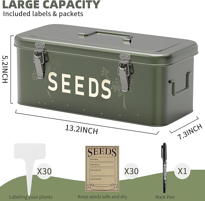 Orionstar Metal Seed Storage Organizer, 4 Compartments Saving Box with 30 Envelopes & Labels, Garden Organization Bin for Heirloom Protection, Vintage Dark Green