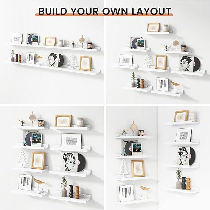 Floating Picture Ledge Shelves Set of 8, 16 Inch Solid Wood Wall Shelves with Lip, Large Nursery Book Shelf for Toys Storage, Kids Bookshelf, Living Room, Bedroom Decor Frames