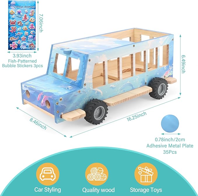 Ocean Theme Car for Tonies Box Shelf Storage for Toniebox 1/2 Player Tonies Figures Characters for Children with 35Pcs DIY Adhesive Metal Plate & 3 Ocean Animal Stickers, Rolling Display & Storage