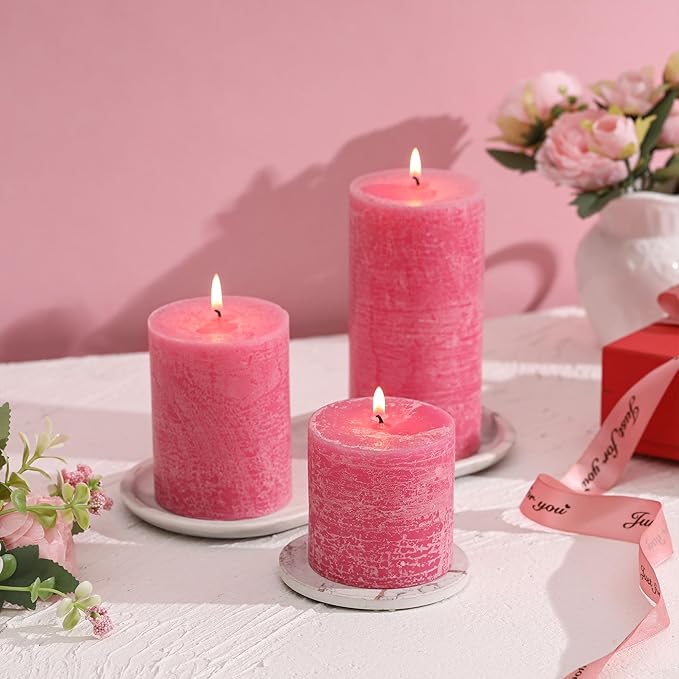 3x3 Inch Pink Pillar Candles Set of 3 - Hand-Poured Unscented Candles, Long Clean Burning, Smokeless Dripless Candle for Dinner Table, Home, Bathroom, Wedding, Valentines Day Decor