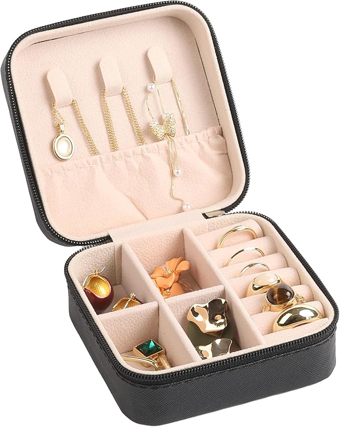 OceeK Travel Jewelry Case, PU Leather Small Jewelry Box,Portable Travel Jewelry Organizer Storage Case,Black,1 Pack