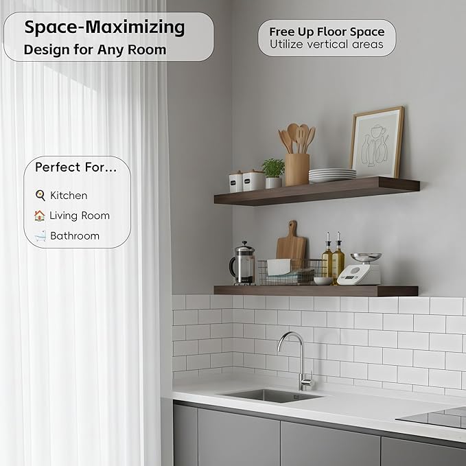 Lufia Floating Wall Shelves, Set of 2, MDF with Invisible Brackets, Modern Storage for Bedroom, Bathroom, Living Room, Kitchen (Rustic Brown, 32" W x 7" D x 1.5" H)