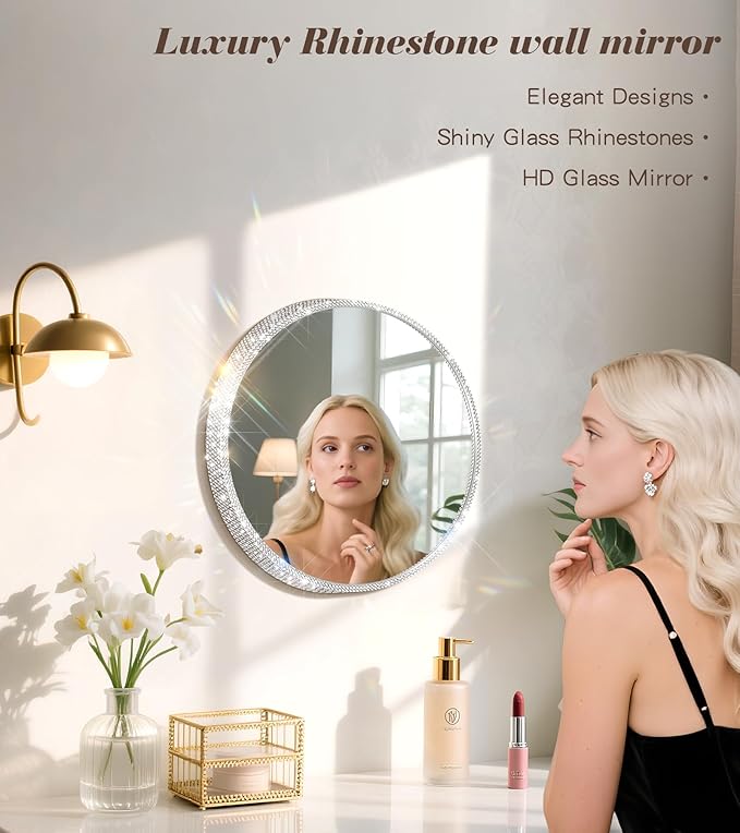 Crystal Diamond Wall Mounted Mirror Silver Makeup Mirror 12inch Round Bing Mirror for Bedroom Real Glass Mirror for Wall Decor