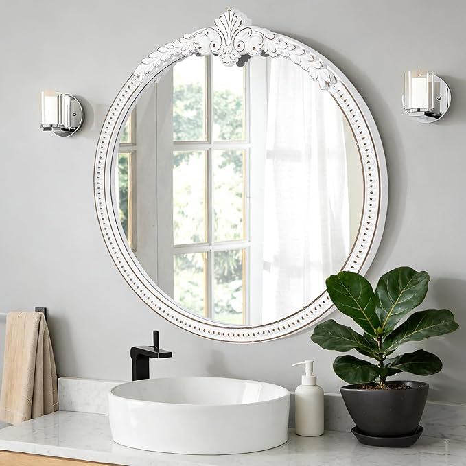 Farmhouse Round Wood Mirror - 30x30 Inches Antique White Baroque Wall Mirror, Ornate Beaded Decorative Mirror for Mantel, Living Room
