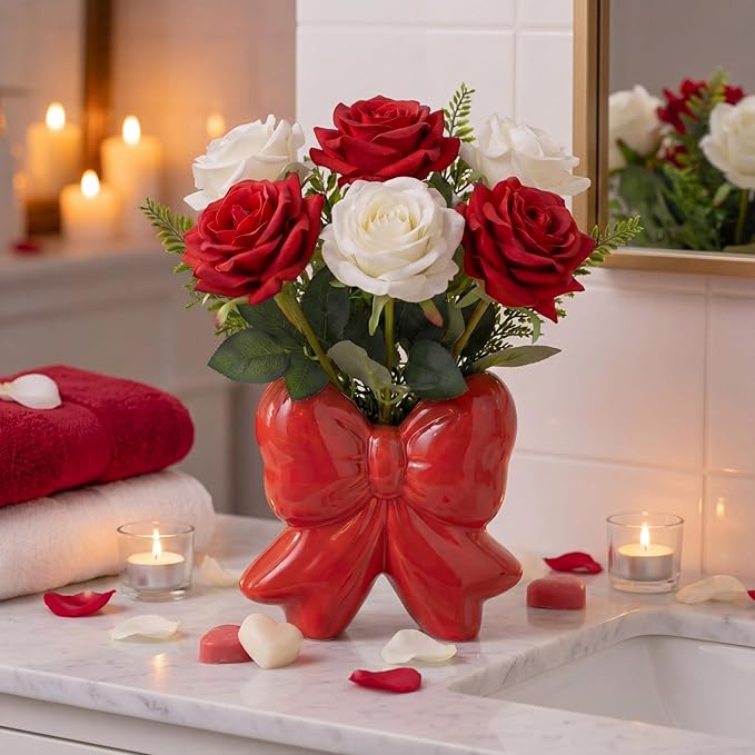 Jingmore Bow Vase Coquette Ceramic Vase Pen Holder Makeup Brush Holder Contemporary Design Decorative Women Gift for Christmas Home Office Shelf Table Room(Red,Small,Classic)
