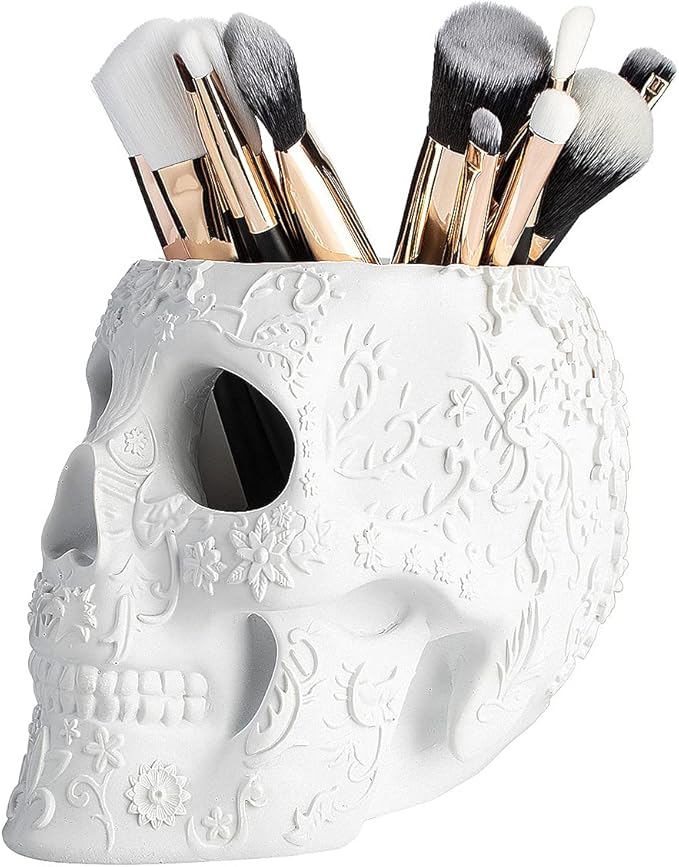 Skull Makeup Brush, Candy Bowl & Pen Holder, Bowl, Spooky Goth Decorations, Extra Large, Strong Resin, Skeleton Skulls and Bones Organizer Bathroom Trick Or Treat Decor by Gute (White)