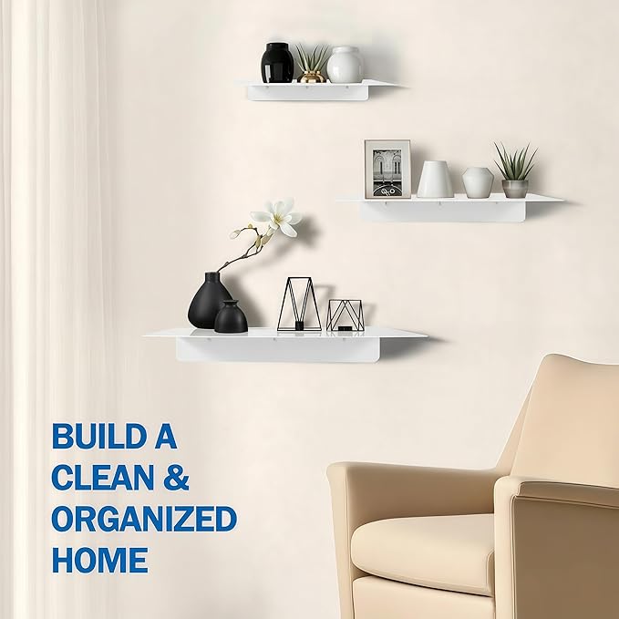 Steel Floating Shelves for Wall,Small Wall Shelf，Bookshelf Living Room Bedroom Home Office Bathroom，Little Mini Tiny Display Hanging Shelves for Books/Storage/Room Decor (White 9.06x6.5in)
