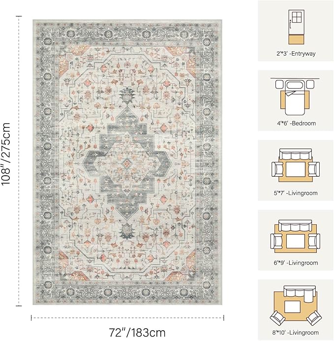 Rugxara 6x9 Tapue Washable Area Rug for Living Room, Vintage Neutral Large Boho Rugs for Office, Dining Room, Kids Room, Farmhouse, Low Pile Non Slip Carpet for High Traffic Areas, Taupe