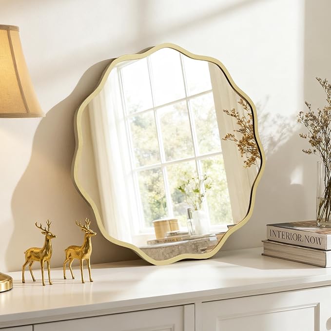 HOMECOOKIN 24 Inch Wavy Round Wall Mirror, Round Wavy Wall Mirror with Aluminum Frame for Bathroom Upgrades, Hotels, Dressing Tables,Farmhouses