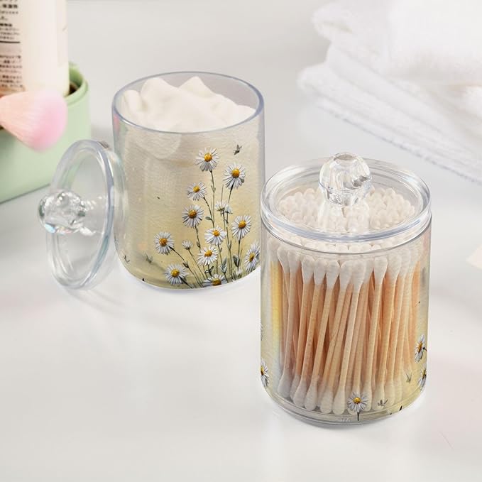 2 Pack Apothecary Jars Little Daisies and Black Cats Bathroom Vanity Storage Organizer Set,Small Clear Plastic Storage Jars Bathroom Canister for Cotton Swabs, Rounds, Balls, Qtips,Makeup Spong