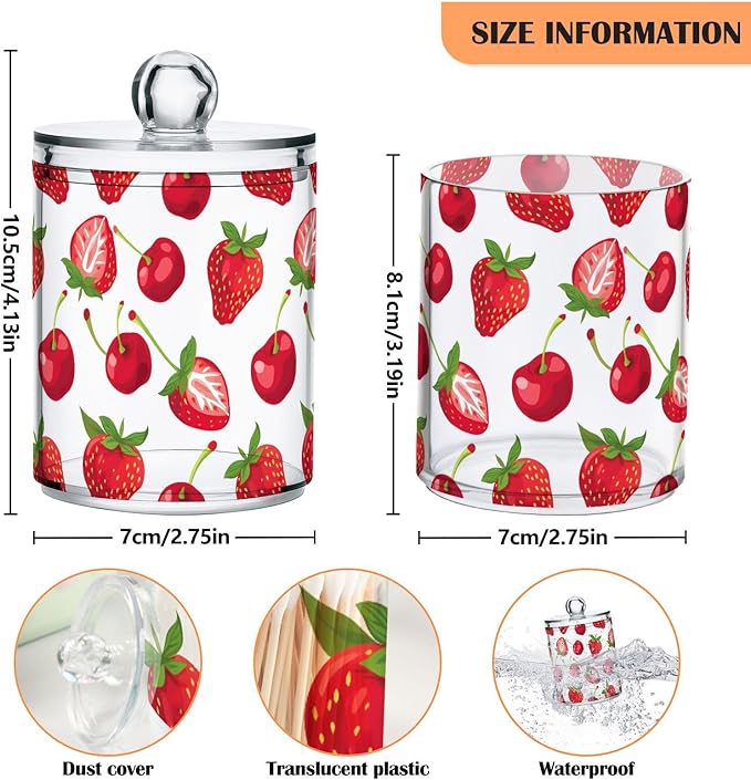 2 Pack Qtip Holder Dispenser for Cotton Ball Strawberry Cherry Red Swab Round Pads Clear Plastic Acrylic Jar Set Bathroom Canister