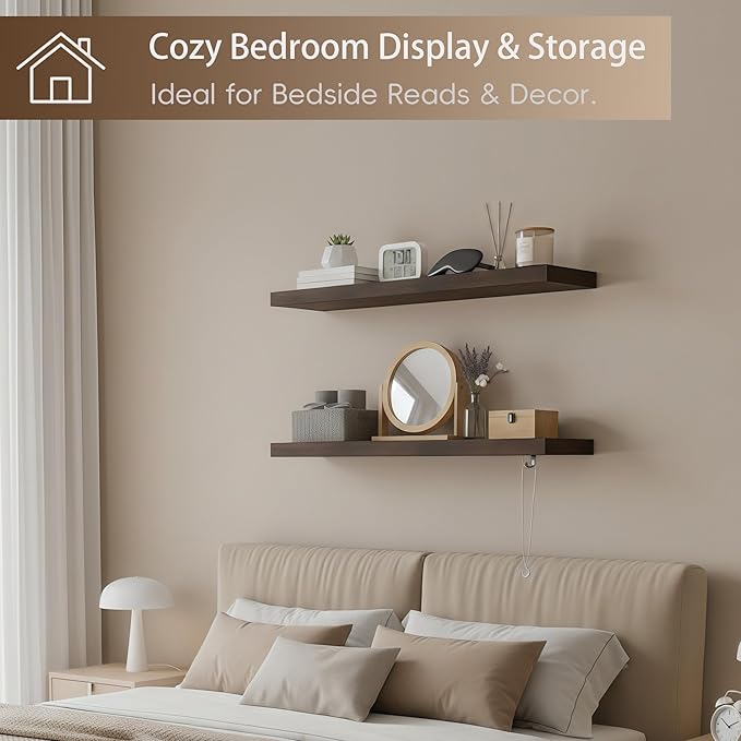 Lufia Floating Wall Shelves, Set of 2, MDF with Invisible Brackets, Modern Storage for Bedroom, Bathroom, Living Room, Kitchen (Rustic Brown, 24" W x 7" D x 1.5" H)
