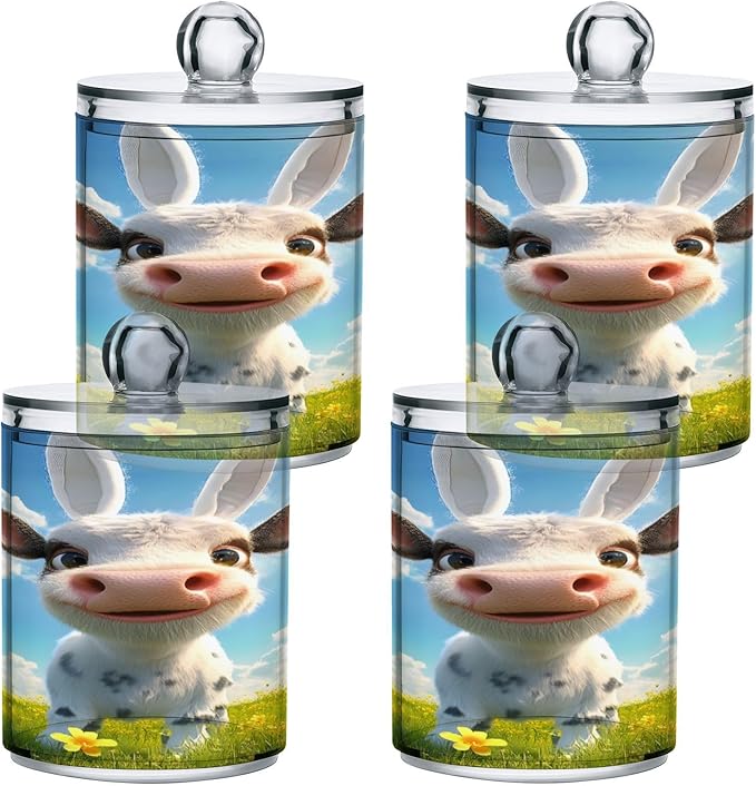 Nander 4Pack Cute Cow Qtip Holder Dispenser -Clear Plastic Apothecary Jars Set - Restroom Bathroom Makeup Organizers Containers for Cotton Swab, Ball, Pads, Floss