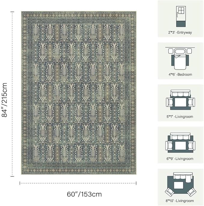 Rugxara 5x7 Washable Area Rugs for Bedroom & Living Room - Floral Boho Vintage Rug,Soft & Non-Slip,Low Pile Wool Carpet for Indoor Dining Room,Girls Room,Nursery Room and Kids Room(Ivory Blue)