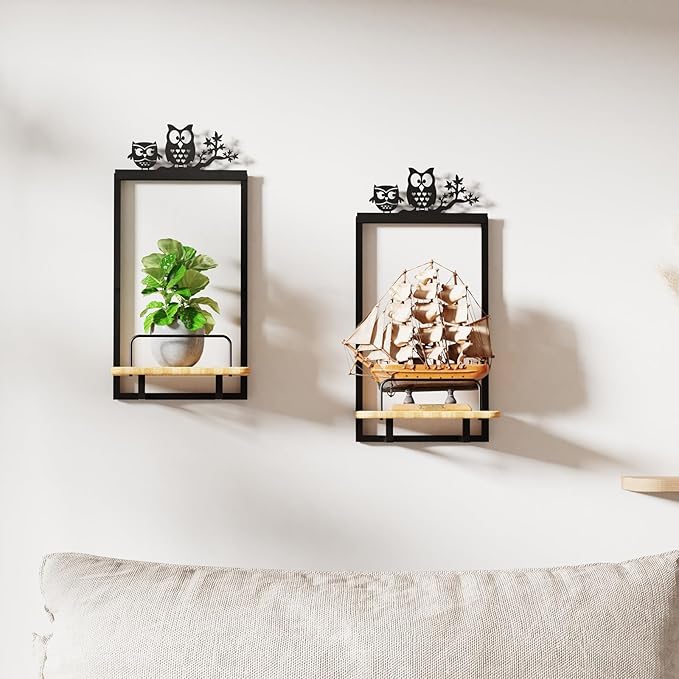 Shineled Wall Planter for Indoor Plants 2 Pack, Wall Mounted Plant Holder for Small Plants, Floating Wall Shelf for Plants, Real Oak Wood, Magnetic Animal Decor, Home Wall Decor (OWL)