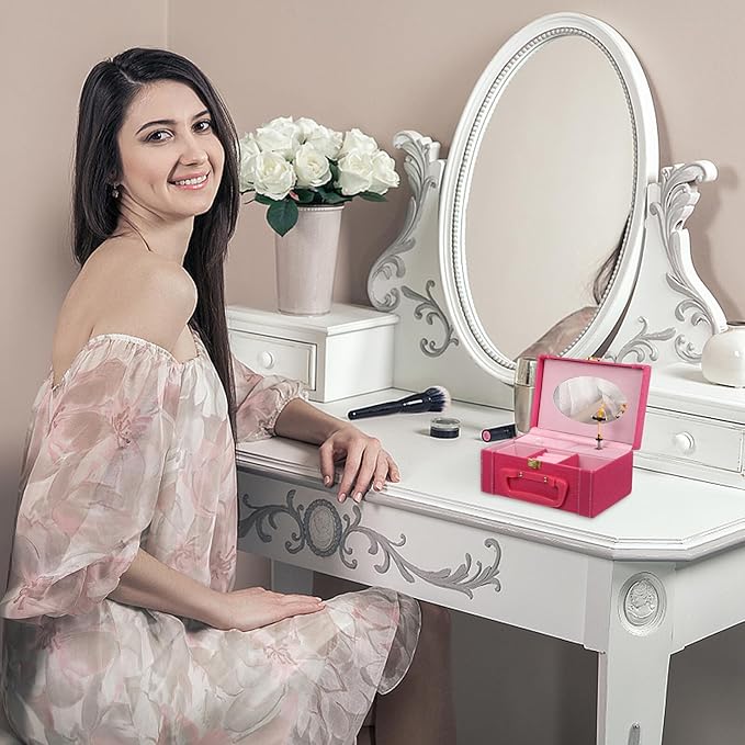 Jewelry Box and Makeup Jewelry Organizer Case Pink Pu Leather with Music Function for Women Home Use