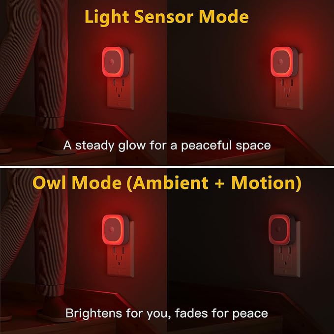 YUNLEX 2 Pack Plug in Red Sleep Night Light with Motion Sensor & Dusk to Dawn Sensor, Soft Glow, 0% Blue Light True Red, Dimmable, Auto On/Off, LED Lights for Bedroom, Sleep, Kids, Bathroom, Hallway