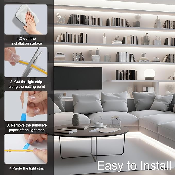 ZSLAIFU COB LED Strip Lights, 16.4ft LED Lights for Bedroom, Dimmable Strip Lights, White LED Lights Strip, High Bright Lights for TV, Cabinet, Kitchen, DIY Lighting