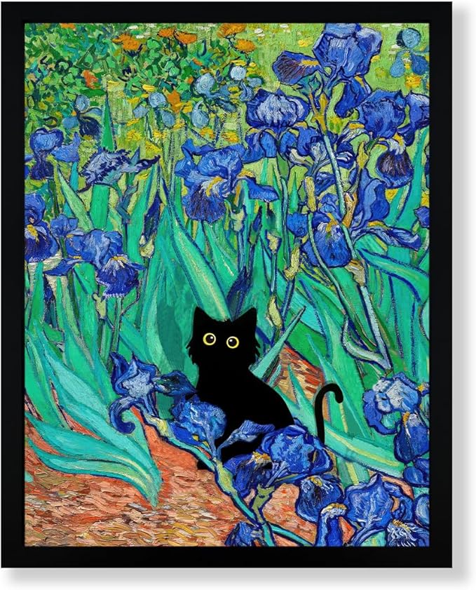 Fantasy Artists Van Gogh Irises Cat Wall Art, Framed Vintage Garden Canvas Wall Decor, Funny Black Cat Poster Prints, Paintings,Bathroom,bedroom,Living Room Artwork Decorations 8" Wide X 10" Height