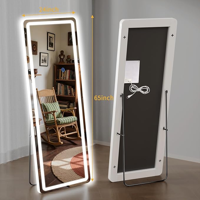 Standing Mirror Full Length with LED Lights, 65"x24" Lighted Mirror with Dimming & 3 Color Lighting, Tall Mirror Full Body for Bedroom, Dressing Room