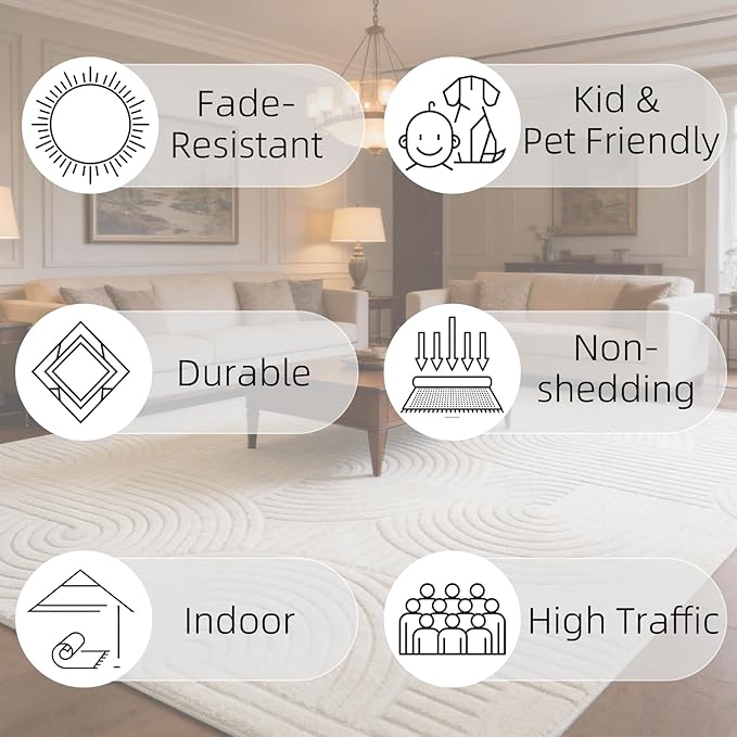 Beige 5x7 Solid Color Area Rugs – Washable Living Room Rug, Modern Geometric Non-Slip Indoor Carpet with Soft High-Low Pile, Fluffy Floor Rugs for Bedroom, Kids Room, Nursery, Home Décor