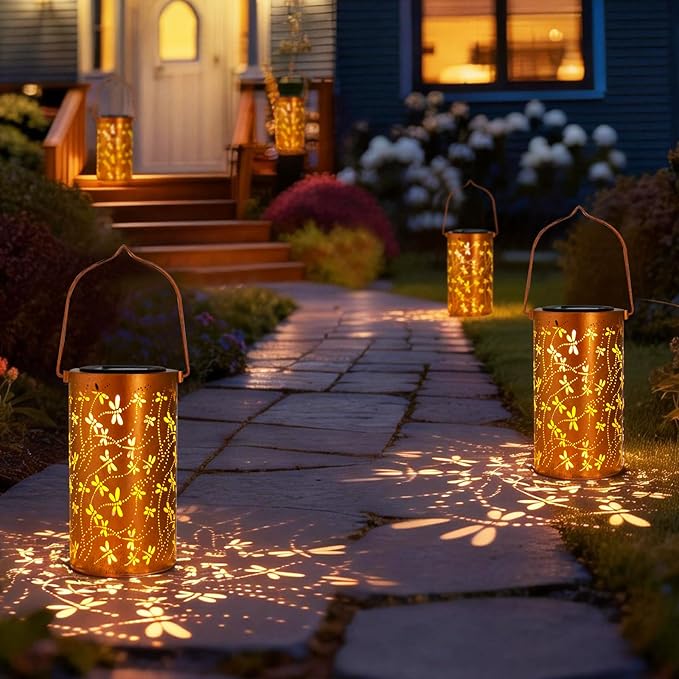 DIBIEECN Mothers Day Gifts for Mom, Birthday Gifts Grandma Ladies Solar Lanterns Outdoor Hanging Hollowed-Out Metal Waterproof LED Garden Decor Outside for Patio Yard Porch, Dragonfly, 2Pack