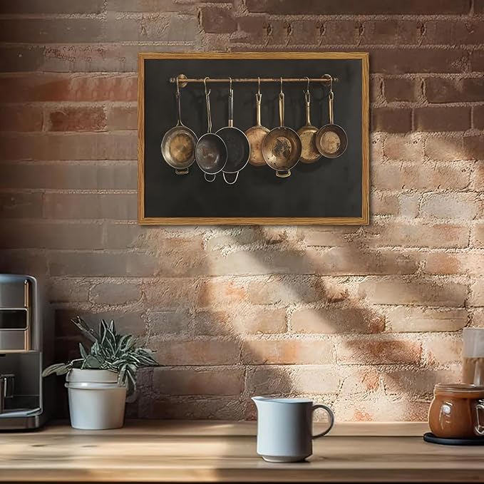 Framed Vintage Kitchen Canvas Wall Art, Farmhouse Pans Pictures Wall Decor Prints, Rustic Hanging Pots Paintings Poster Antique Home Decor Artwork for Dining Room Living Room 16×24 inch